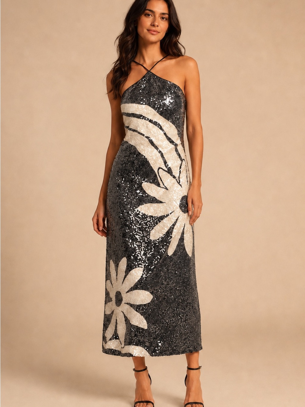 FARM Rio Halter Sequin Black and White Midi Dress